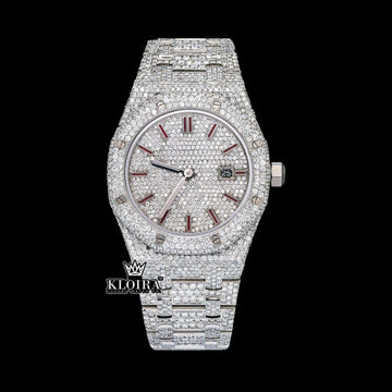 Fully Iced Out Red Stick Date Display Dial Moissanite Diamond Watch Front View