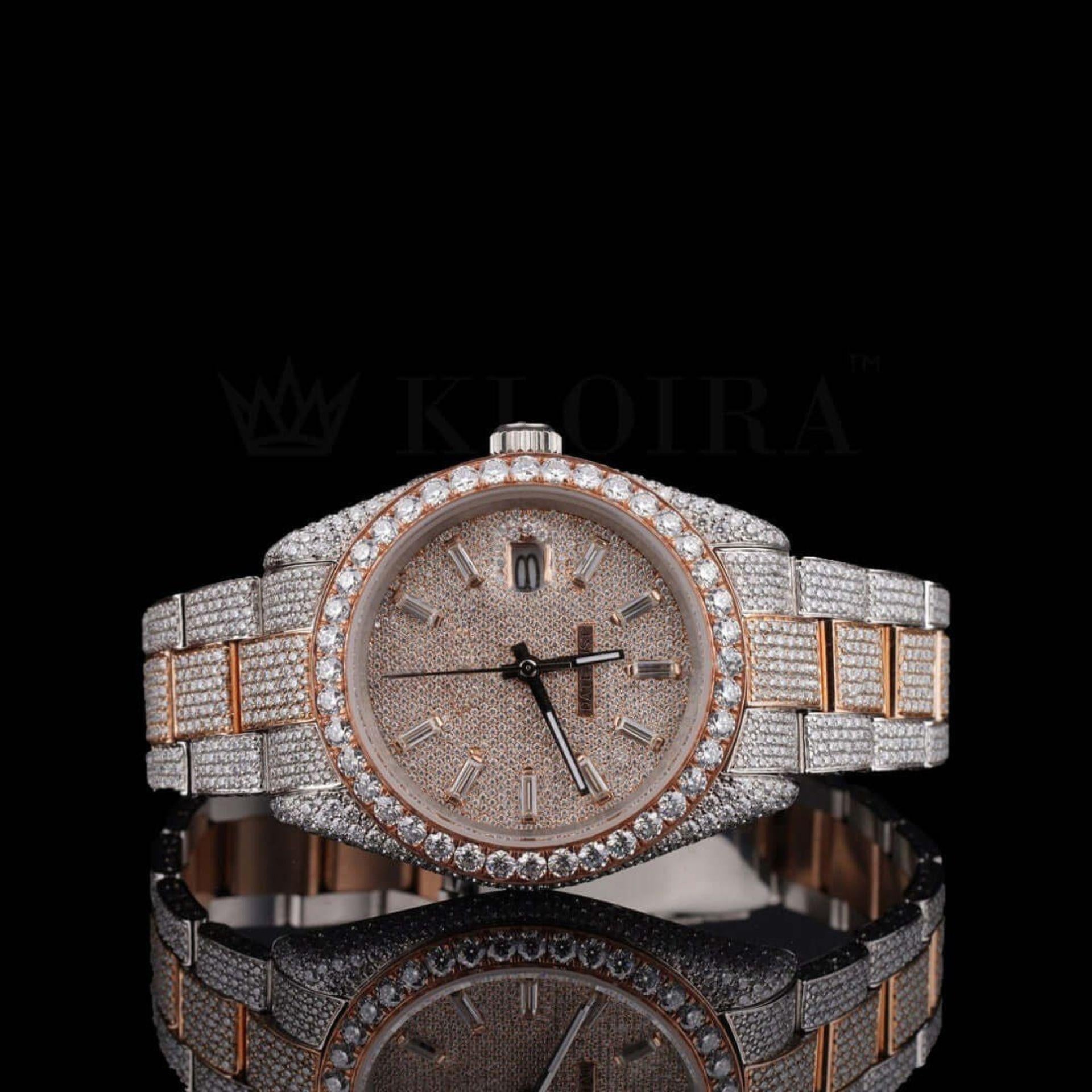 Fully Iced Out Rose Gold Dial Diamond Markers Two Tone Moissanite Watch Front View