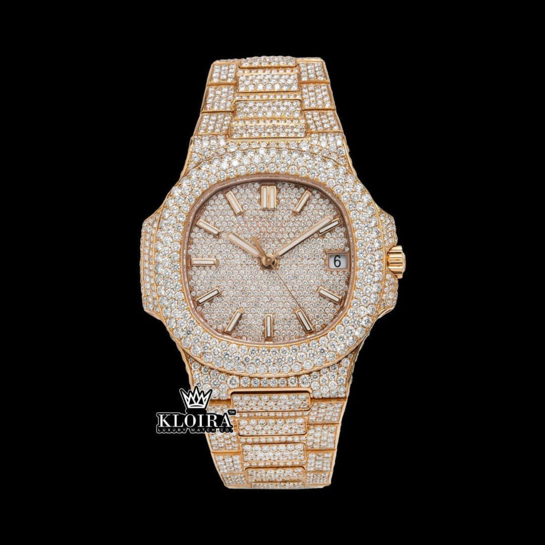 Fully Iced Out Rose Gold Stick Markers Moissanite Diamond Watch Front View