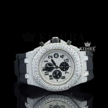 Fully Iced Out Silver Dial Moissanite Diamond Watch Black Rubber Strap Front View