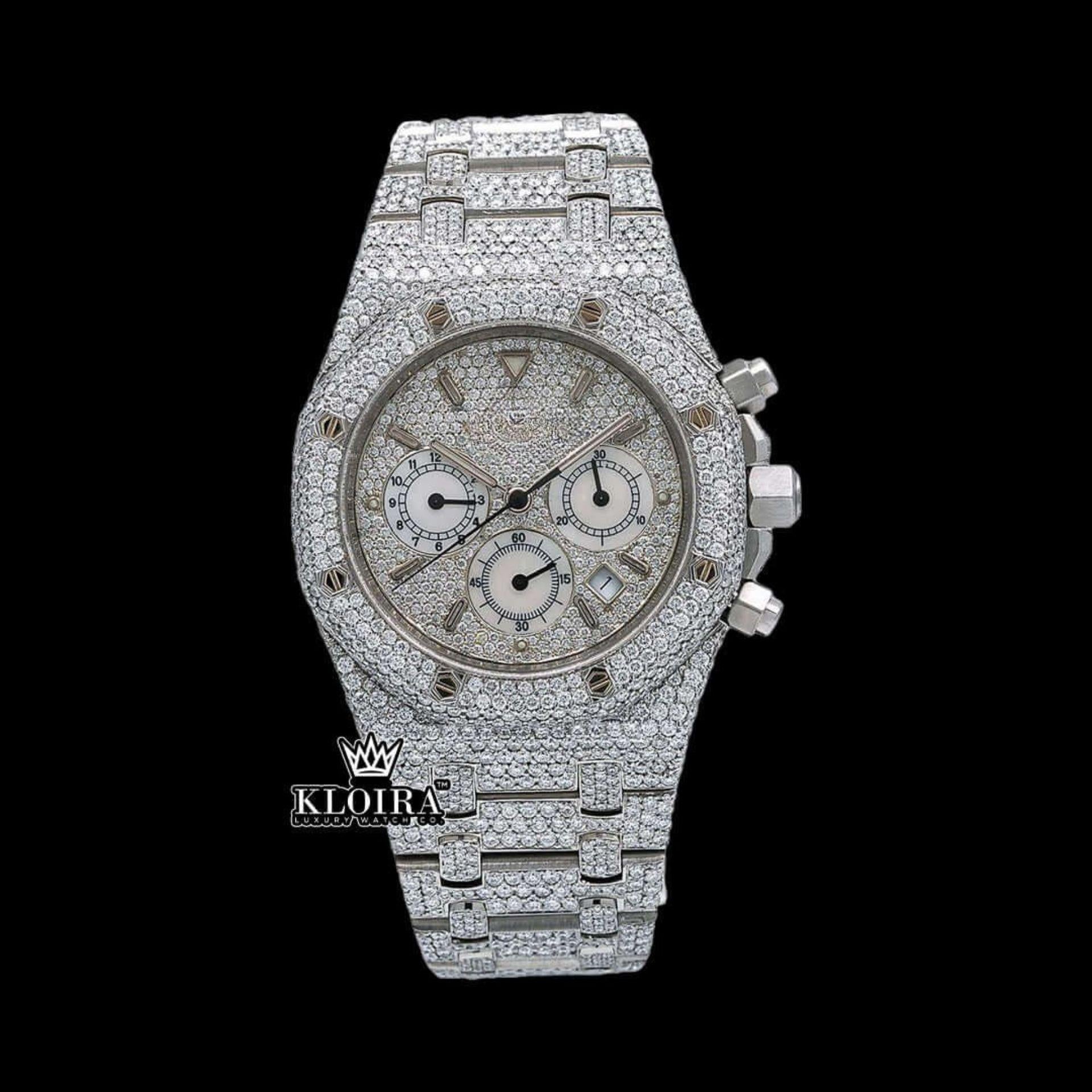 Fully Iced Out Silver Tone Dial Chronograph Stick Markers Moissanite Watch Front View