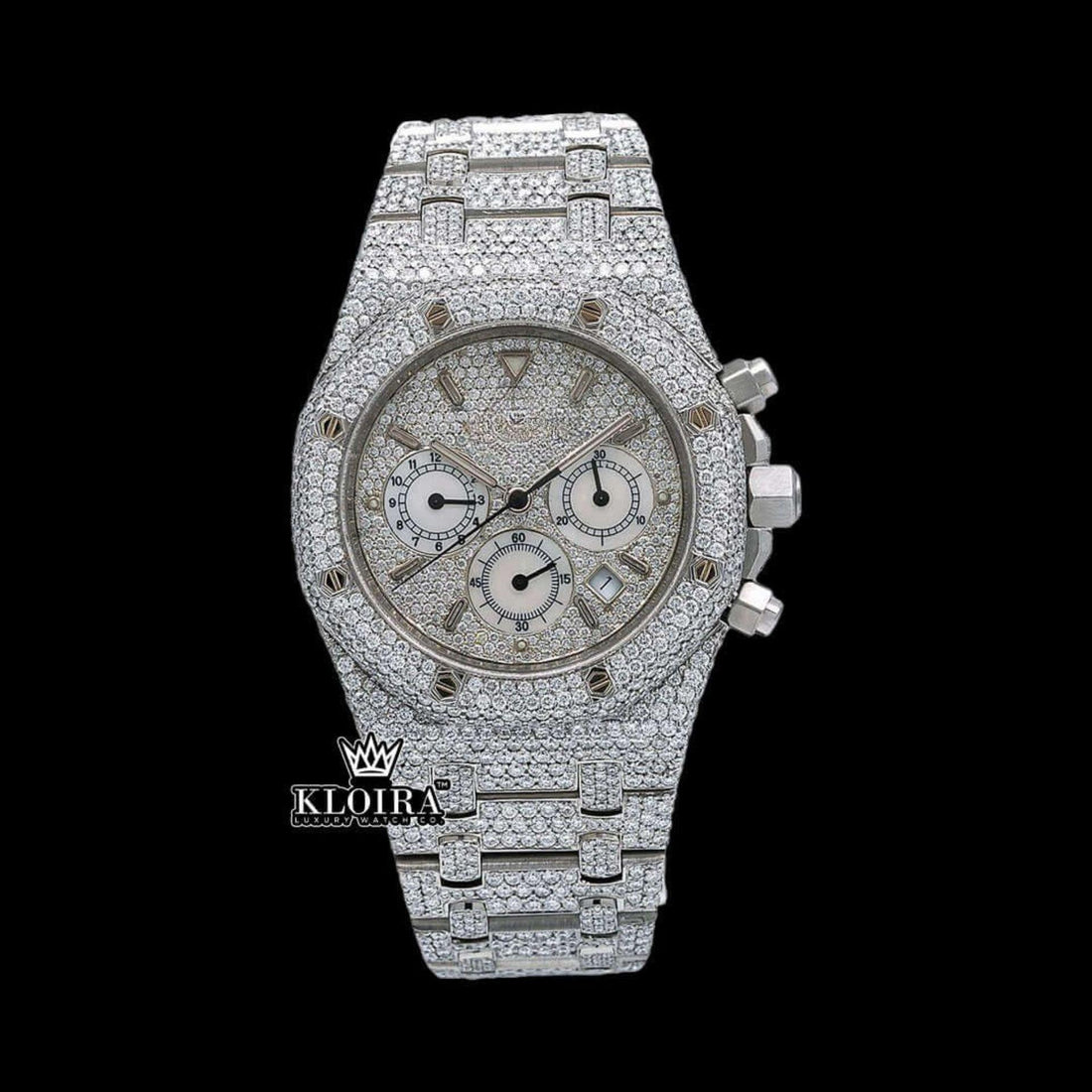 Fully Iced Out Silver Tone Dial Chronograph Stick Markers Moissanite Watch Front View