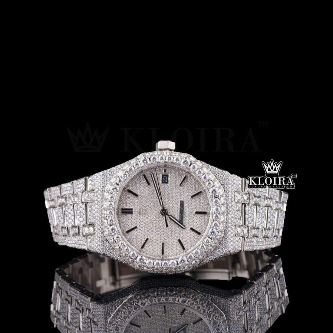 Fully Iced Out Silver Tone Dial Stick Markers Moissanite Diamond Watch Front View