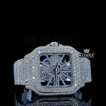 Fully Iced Out Skeleton Dial White Gold Diamond Bar Strap Moissanite Watch Front View