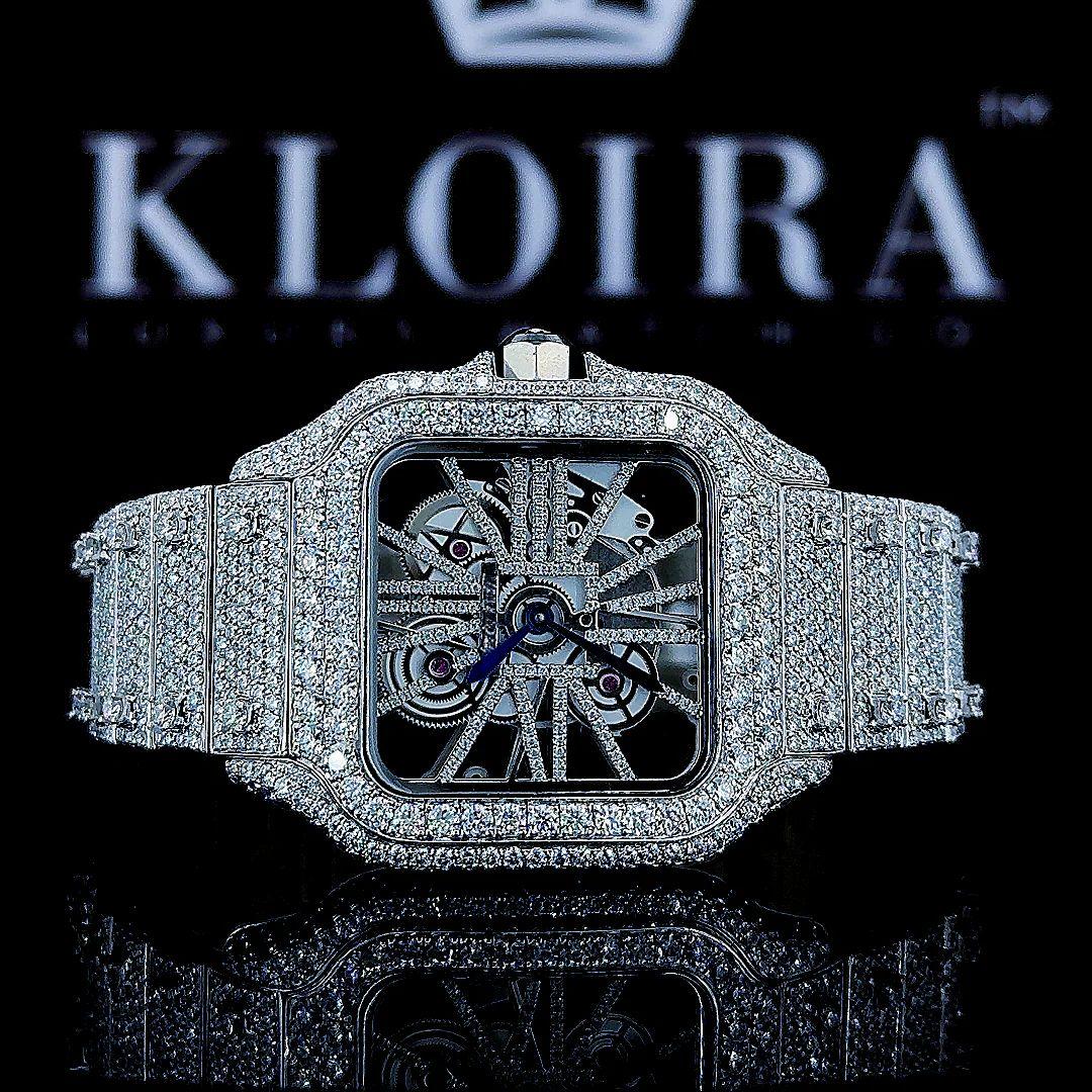 Fully Iced Out Skeleton Dial White Gold Moissanite Diamond Watch Front Close View