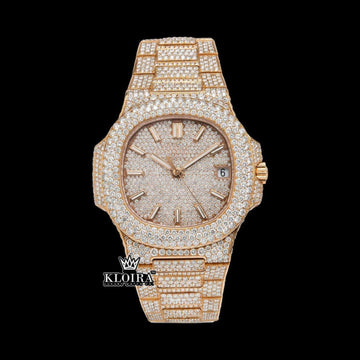 Fully Iced Out Stick Markers Rose Gold Moissanite Diamond Watch Front View