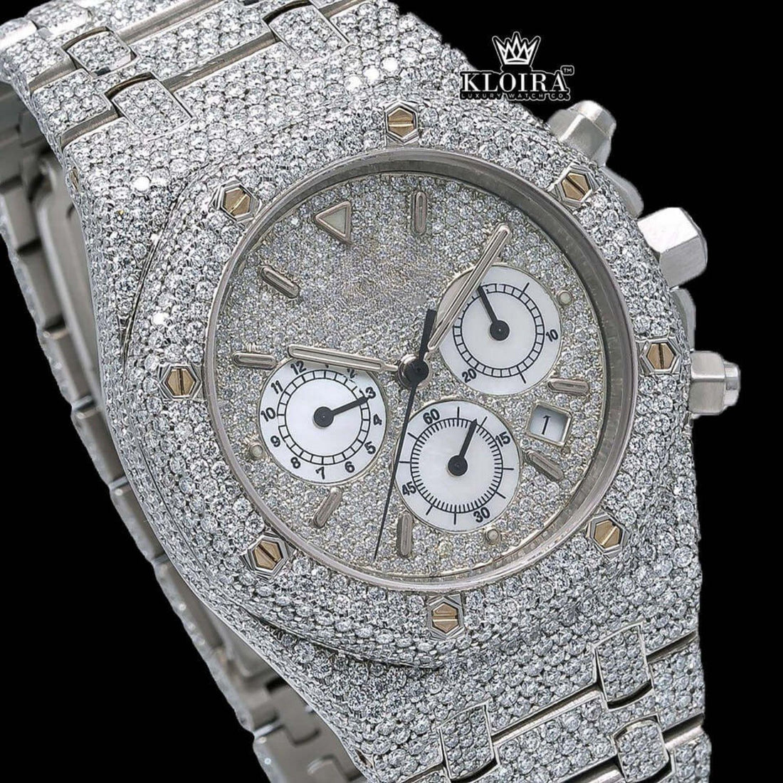 Fully Iced Out Stick Markers White Chronograph Dial Moissanite Watch Front View