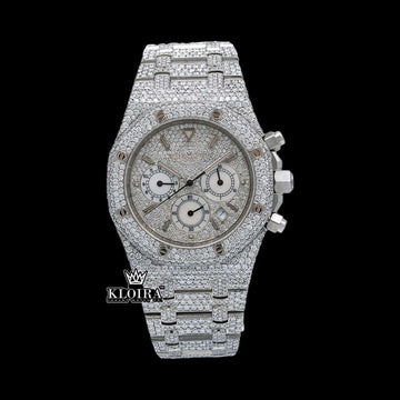 Fully Iced Out Stick Markers White Chronograph Dial Moissanite Watch Front View