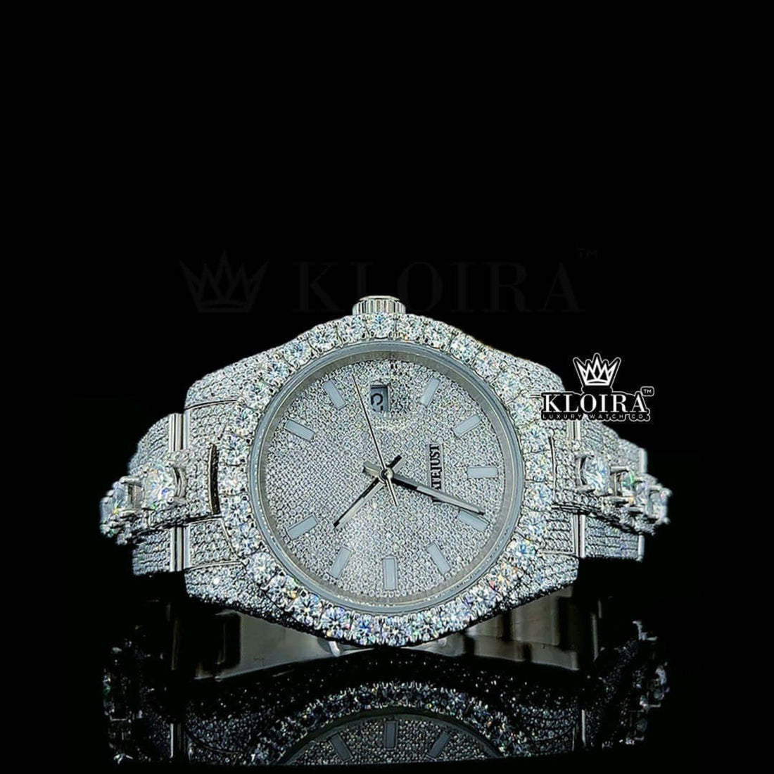 Fully Iced Out Stick Markers White Dial Diamond Link Strap Moissanite Watch Front View
