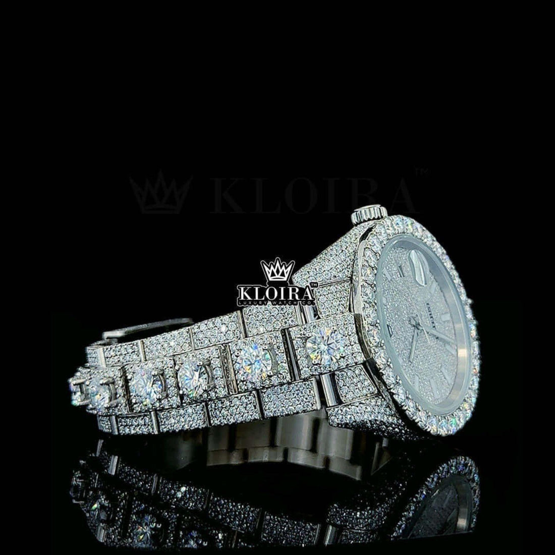 Fully Iced Out Stick Markers White Dial Diamond Link Strap Moissanite Watch Front View
