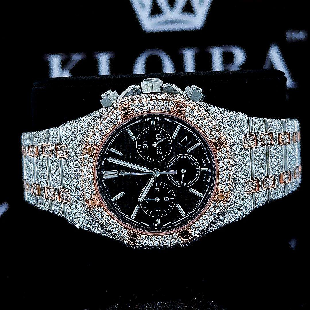 Fully Iced Out Two Tone Black Dial Chronograph Stick Markers Moissanite Watch Front Close View
