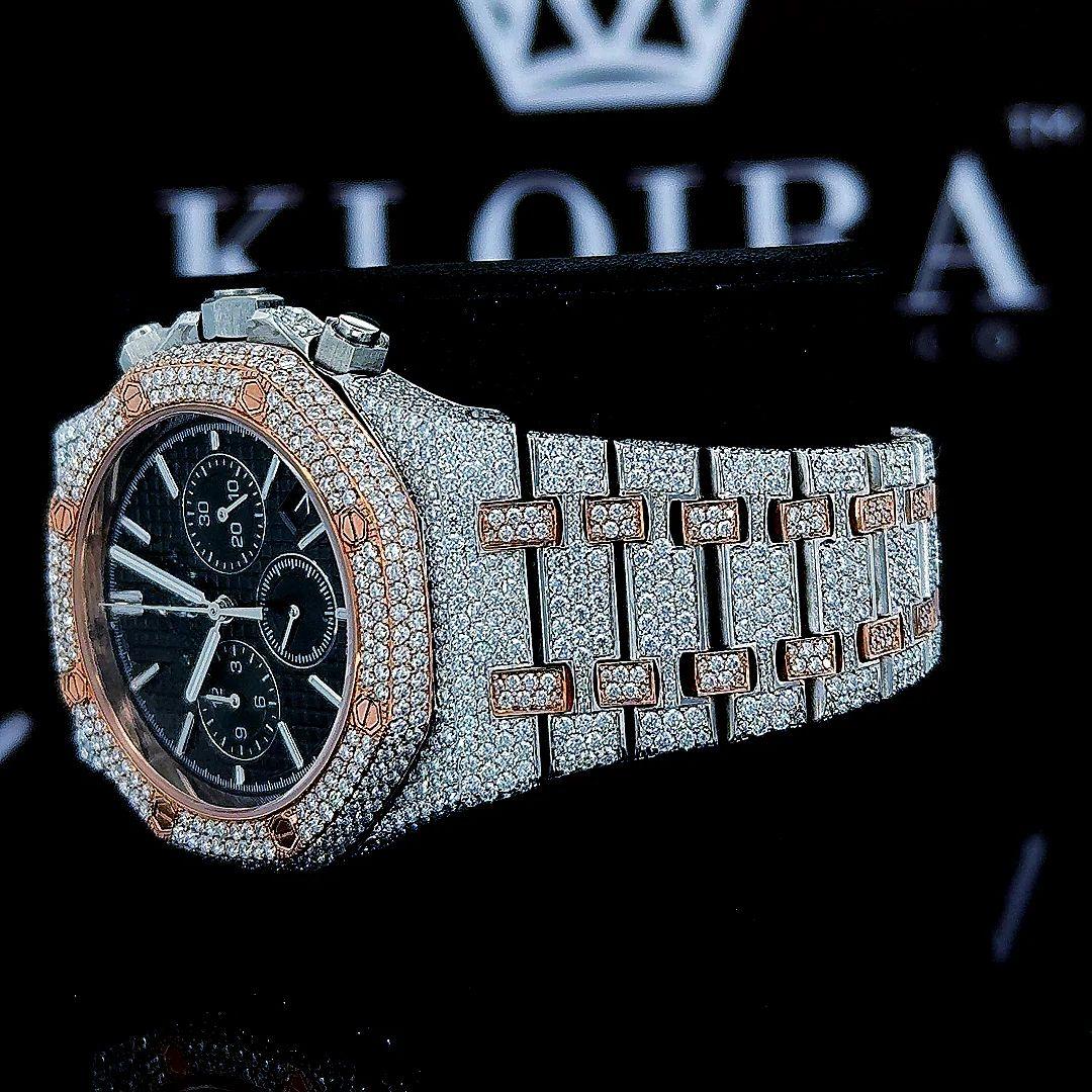 Fully Iced Out Two Tone Black Dial Chronograph Stick Markers Moissanite Watch Front Close View