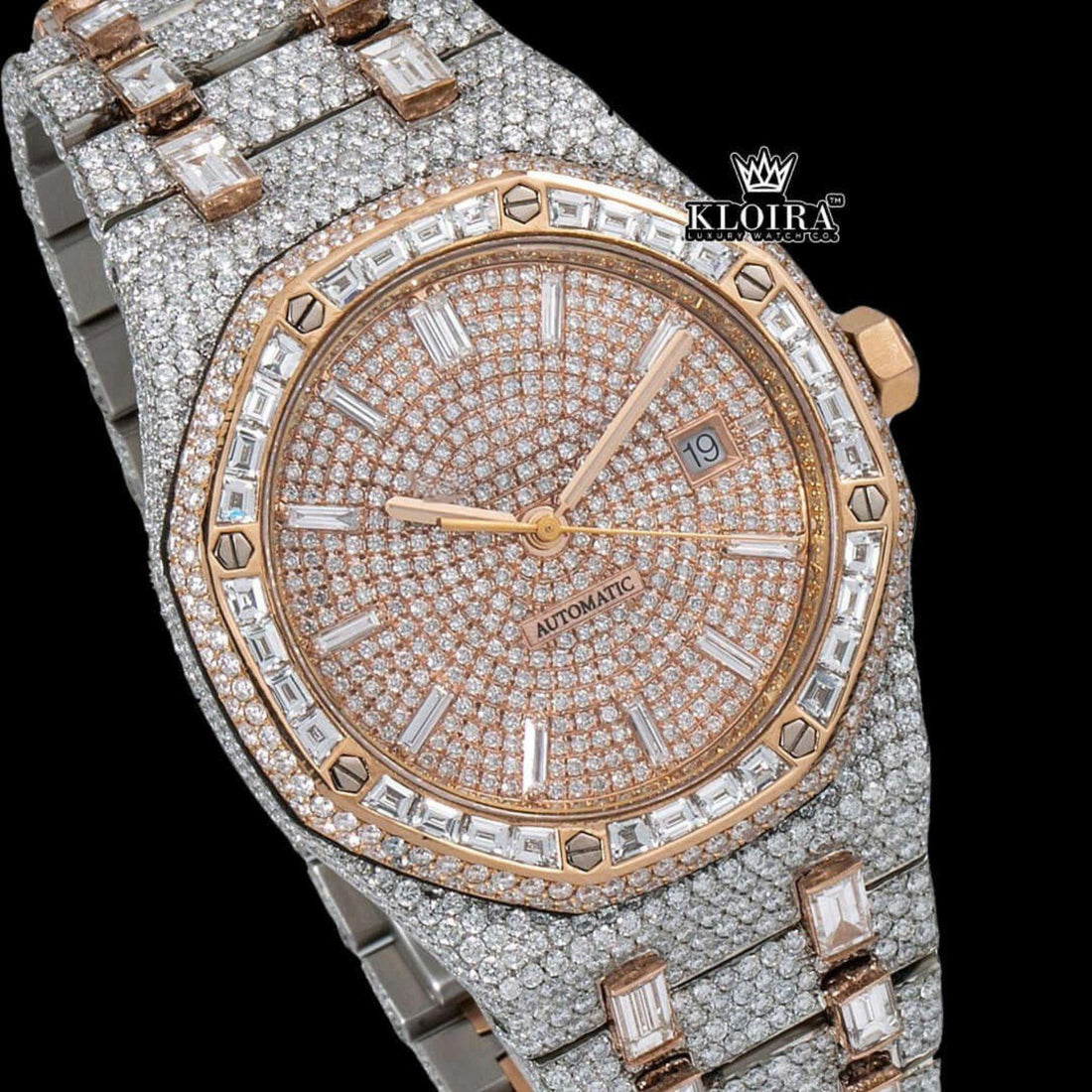 Fully Iced Out Two Tone Rose Gold Moissanite Diamond Baguette Watch Front View