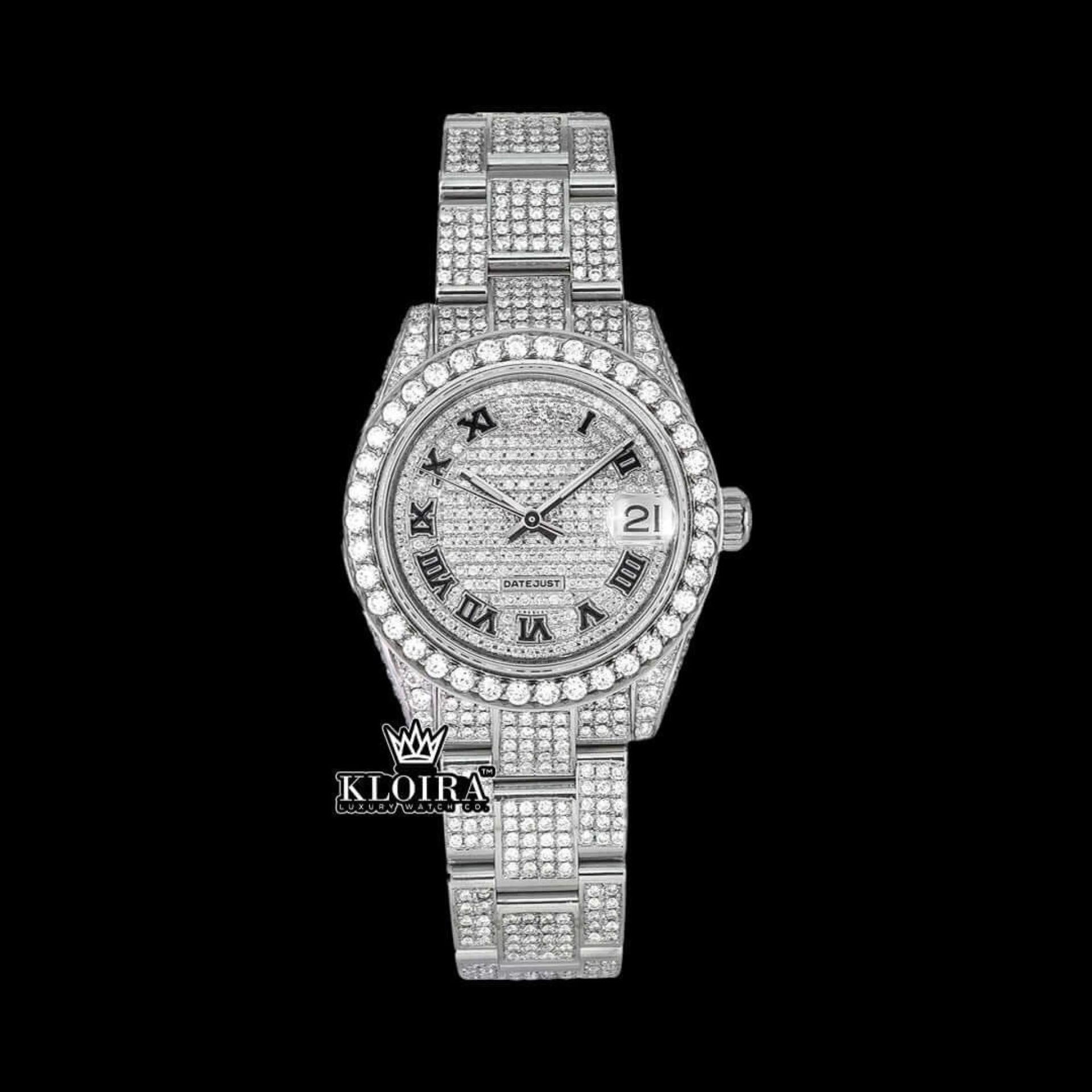 Fully Iced Out White Dial Black Roman Numerals Moissanite Diamond Watch Front View