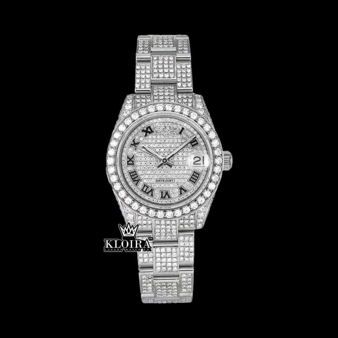 Fully Iced Out White Dial Black Roman Numerals Moissanite Diamond Watch Front View