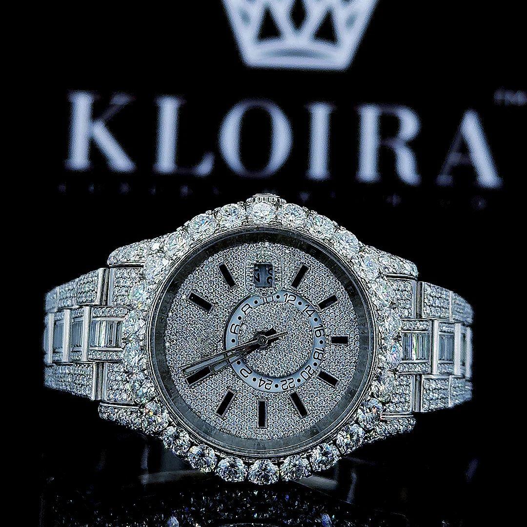 Fully Iced Out White Dial Stick Markers Baguette Moissanite Watch