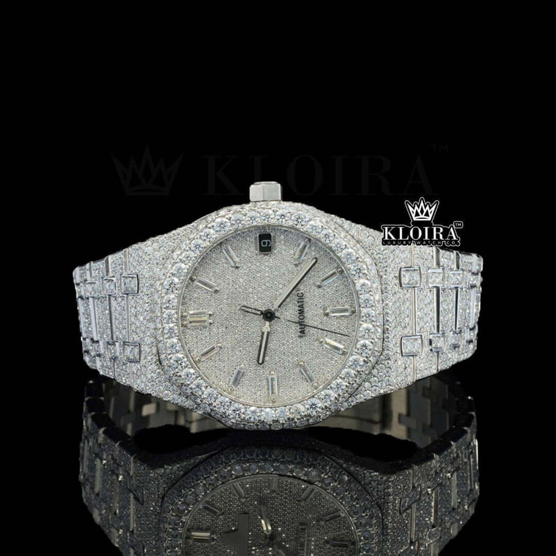 Fully Iced Out White Dial Moissanite Diamond Watch 14K Gold VVS 42mm Front View