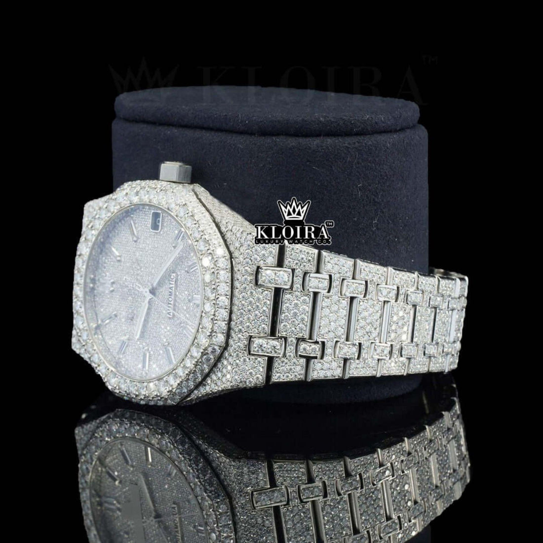 Fully Iced Out White Dial Moissanite Diamond Watch 14K Gold VVS 42mm Front View