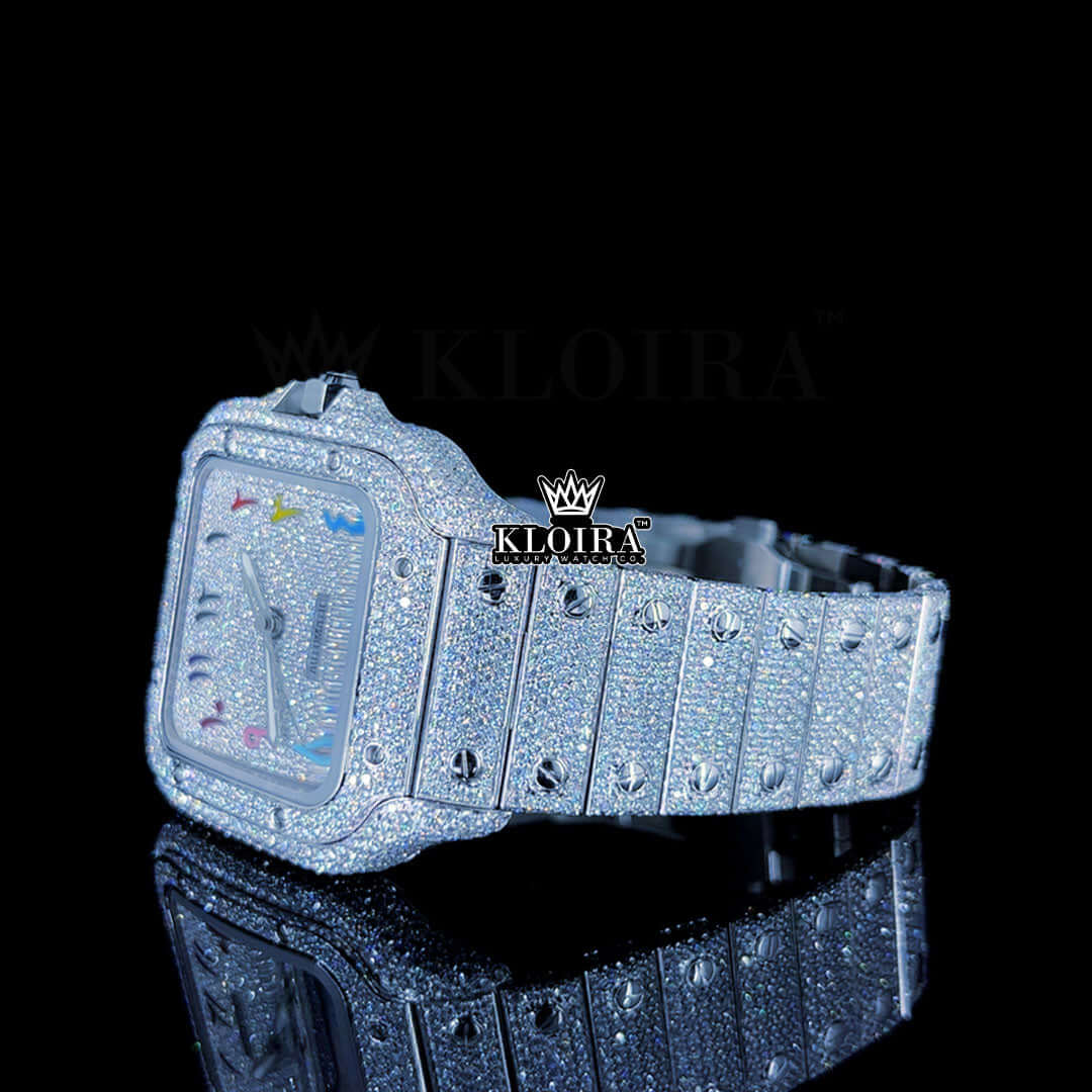 Fully Iced Out White Dial Rainbow Arabic Numerals Moissanite Watch Front View