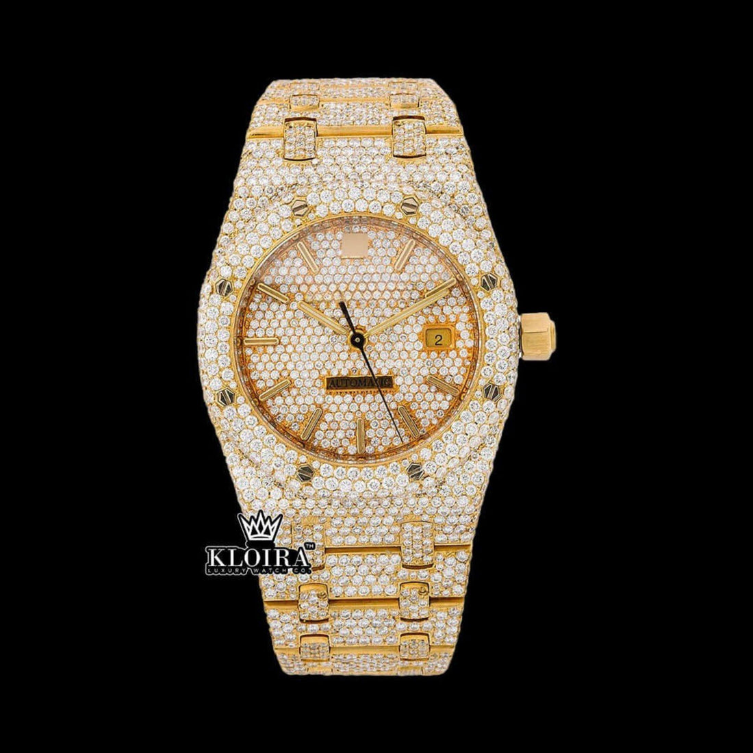 Fully Iced Out Yellow Gold Moissanite Diamond Watch 14K Gold VVS 42mm Front View