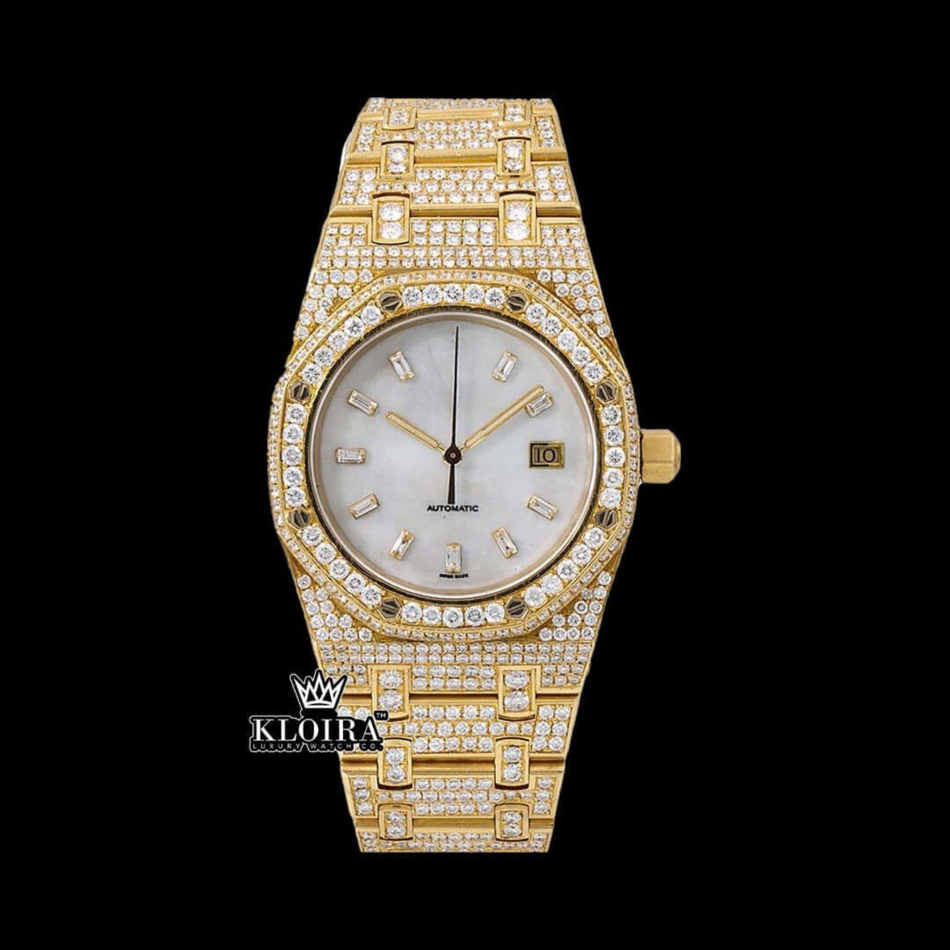 Fully Iced Out Yellow Gold White Dial Diamond Markers Moissanite Watch Front View