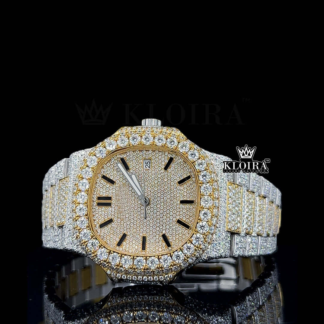 Fully Iced Two-Tone Yellow Gold Moissanite Diamond Watch Front View