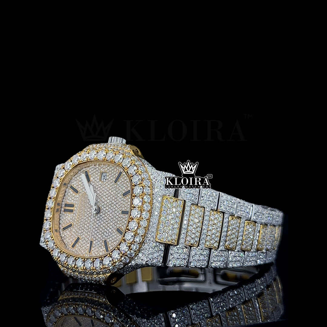 Fully Iced Two-Tone Yellow Gold Moissanite Diamond Watch Front View