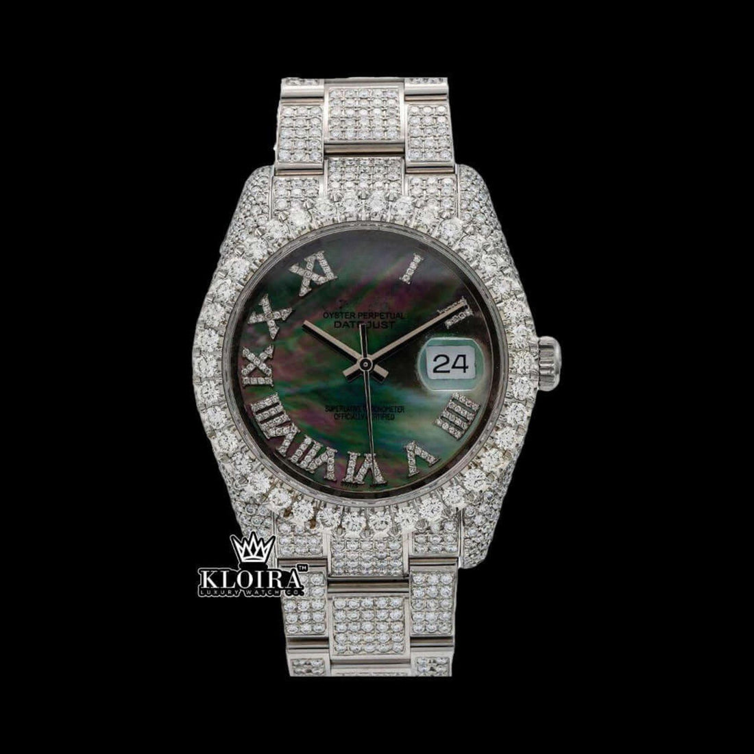 Fully Ices Out Black Date Dial Roman Numerals Moissanite Diamond Watch Front View