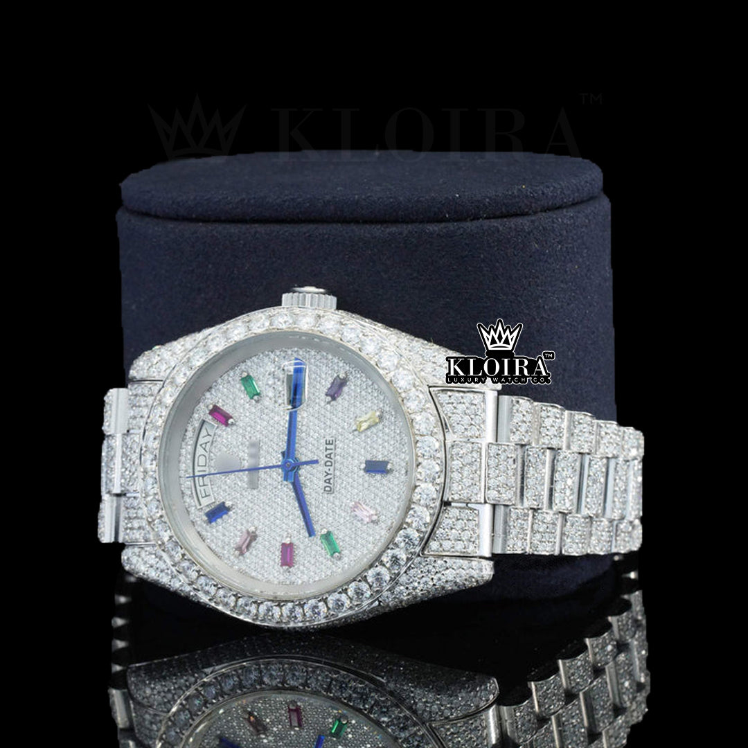 Gemstone Moissanite Diamond Watch 14K Gold VVS 26 Carat 42mm Front