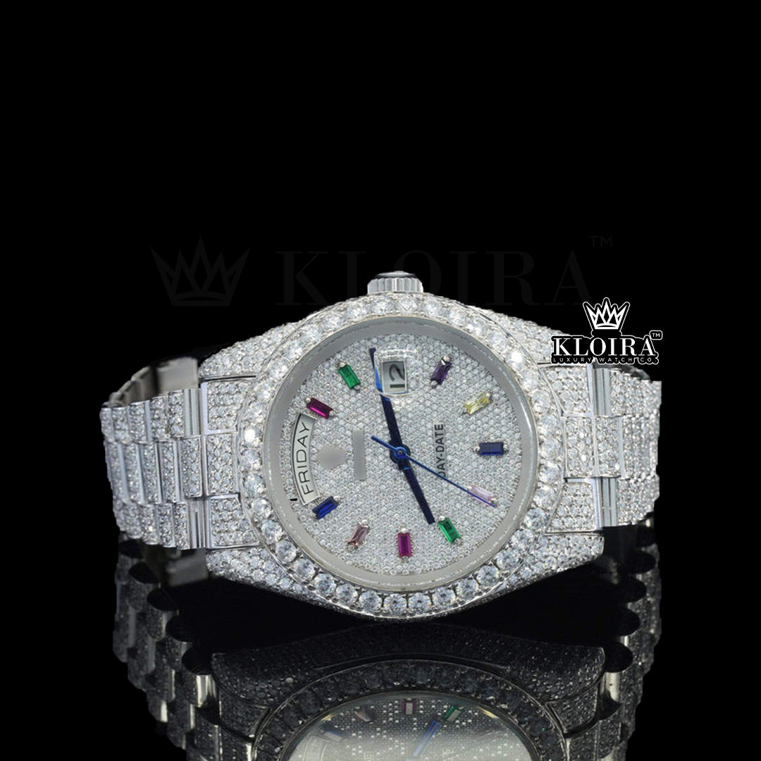 Gemstone Moissanite Diamond Watch 14K Gold VVS 26 Carat 42mm Front