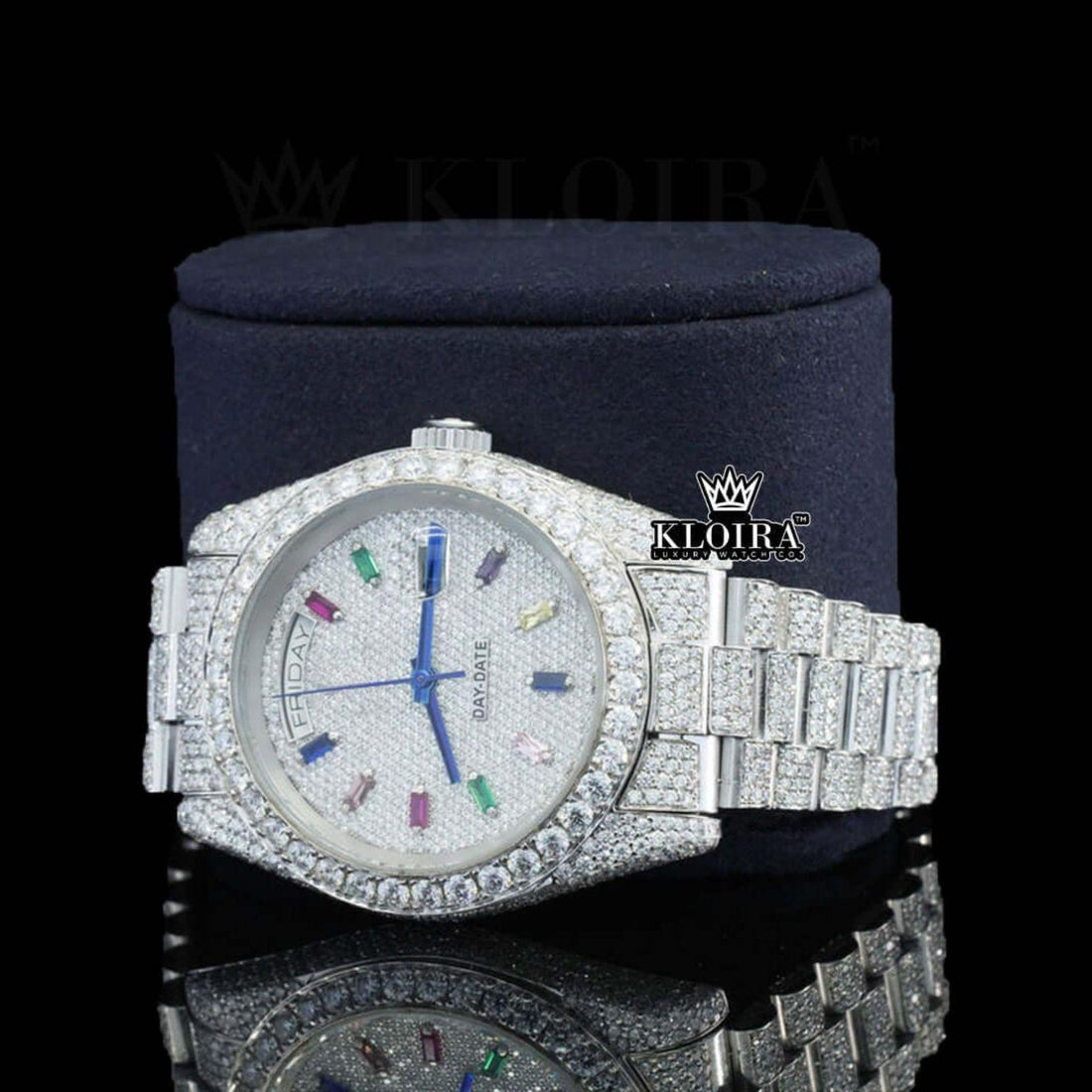 Gemstone Moissanite Diamond Watch 14K Gold VVS 26 Carat 42mm Front View