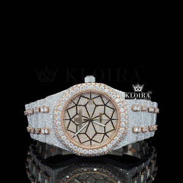 Geometric Moissanite Diamond Watch Rose 14K Gold PlatinVVS 30 Carat 42mm Front