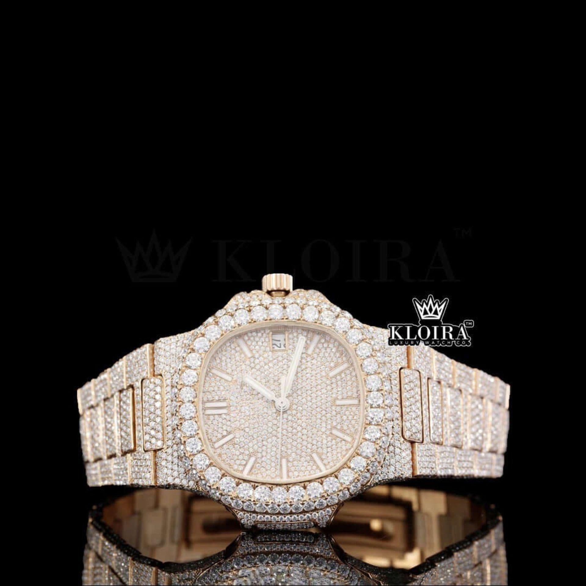 Gildedallure Moissanite Diamond Watch 14K Gold VVS 22 Carat 42mm Front View