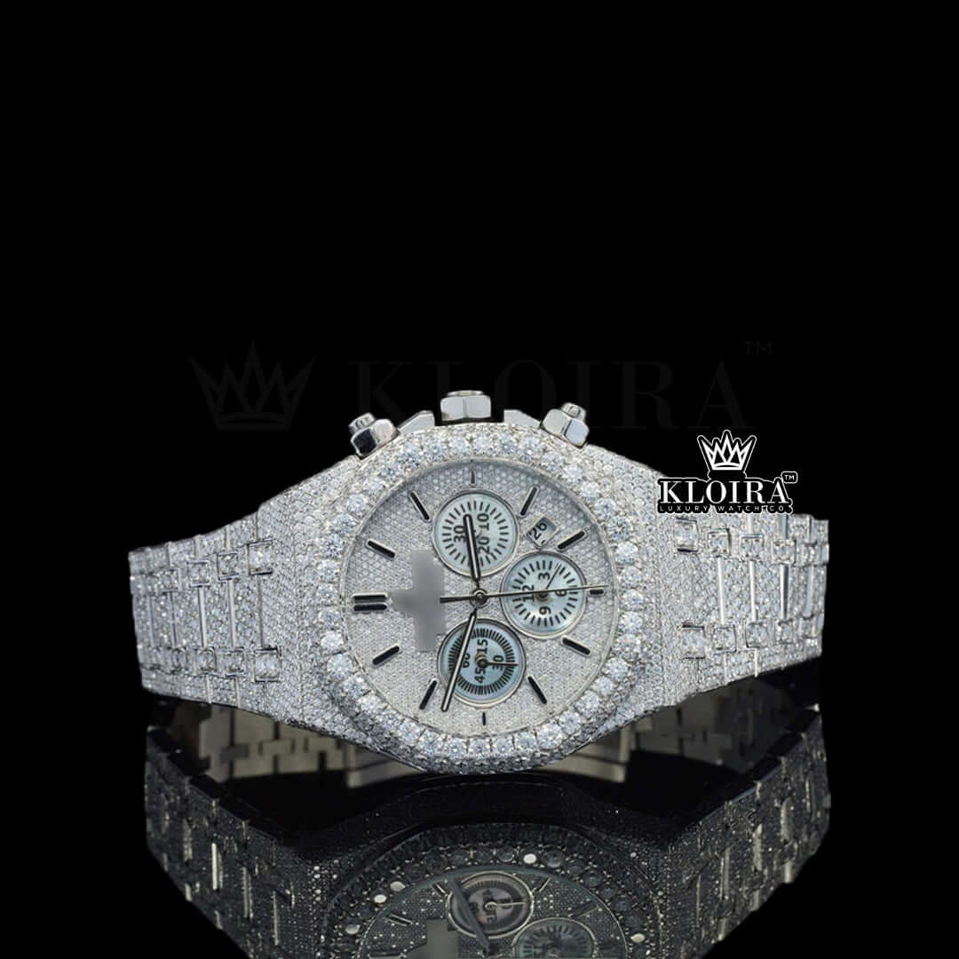 Glacial Moissanite Diamond Watch 14K Gold VVS 29 Carat 42mm Front