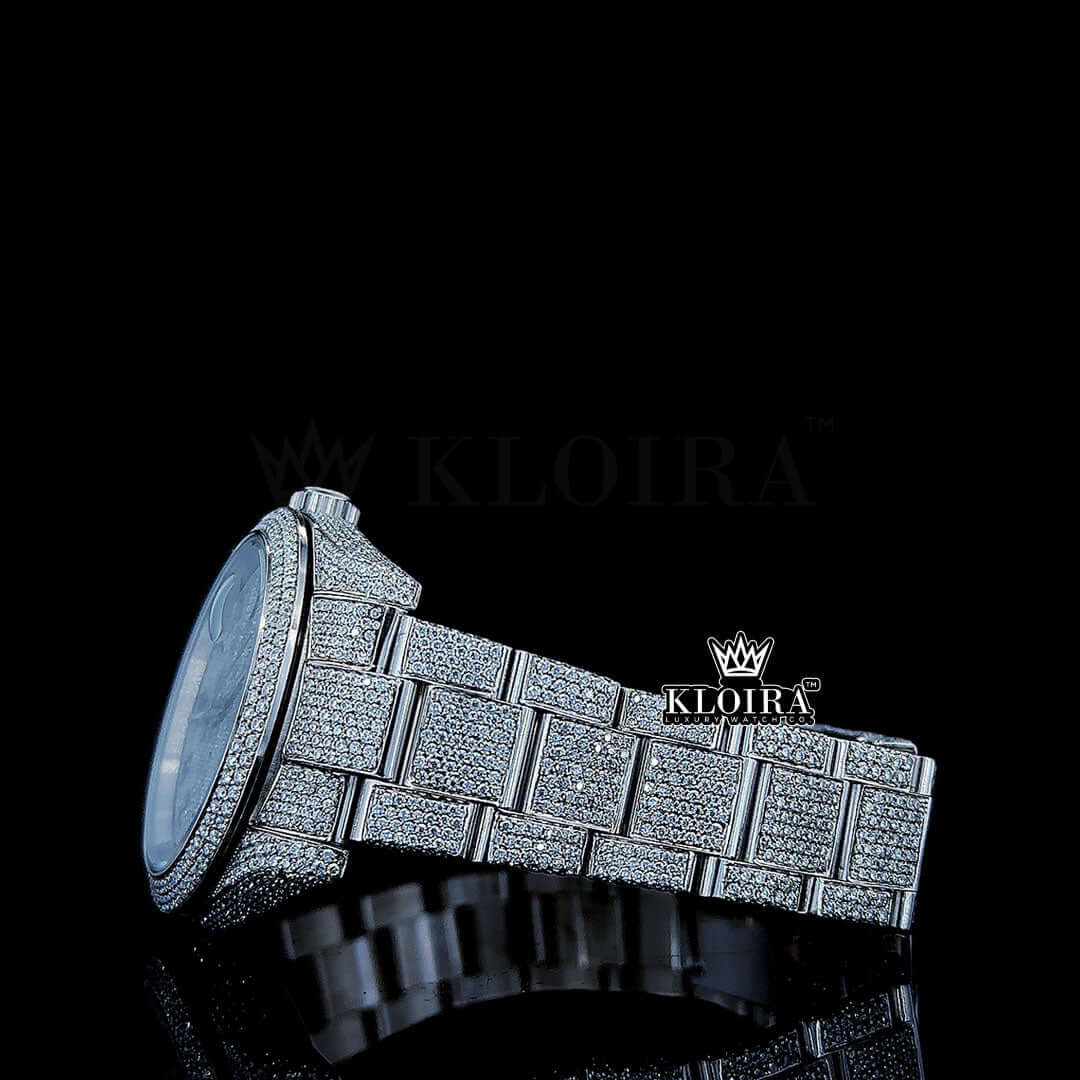 Luxury Rolex Moissanite Diamond Watch adorned with Moissanite diamonds and Roman numerals, featuring a dazzling iced design.
