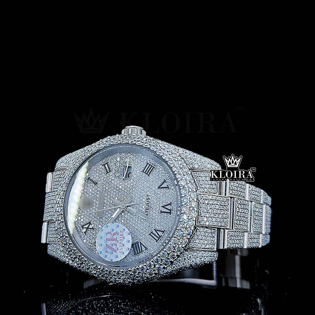 Luxury Rolex Moissanite Diamond Watch adorned with Moissanite diamonds and Roman numerals, featuring a dazzling iced design.