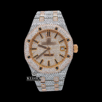 Audemars Piguet Royal Oak Rose Gold Moissanite Diamond Watch with iced-out design and elegant dial.