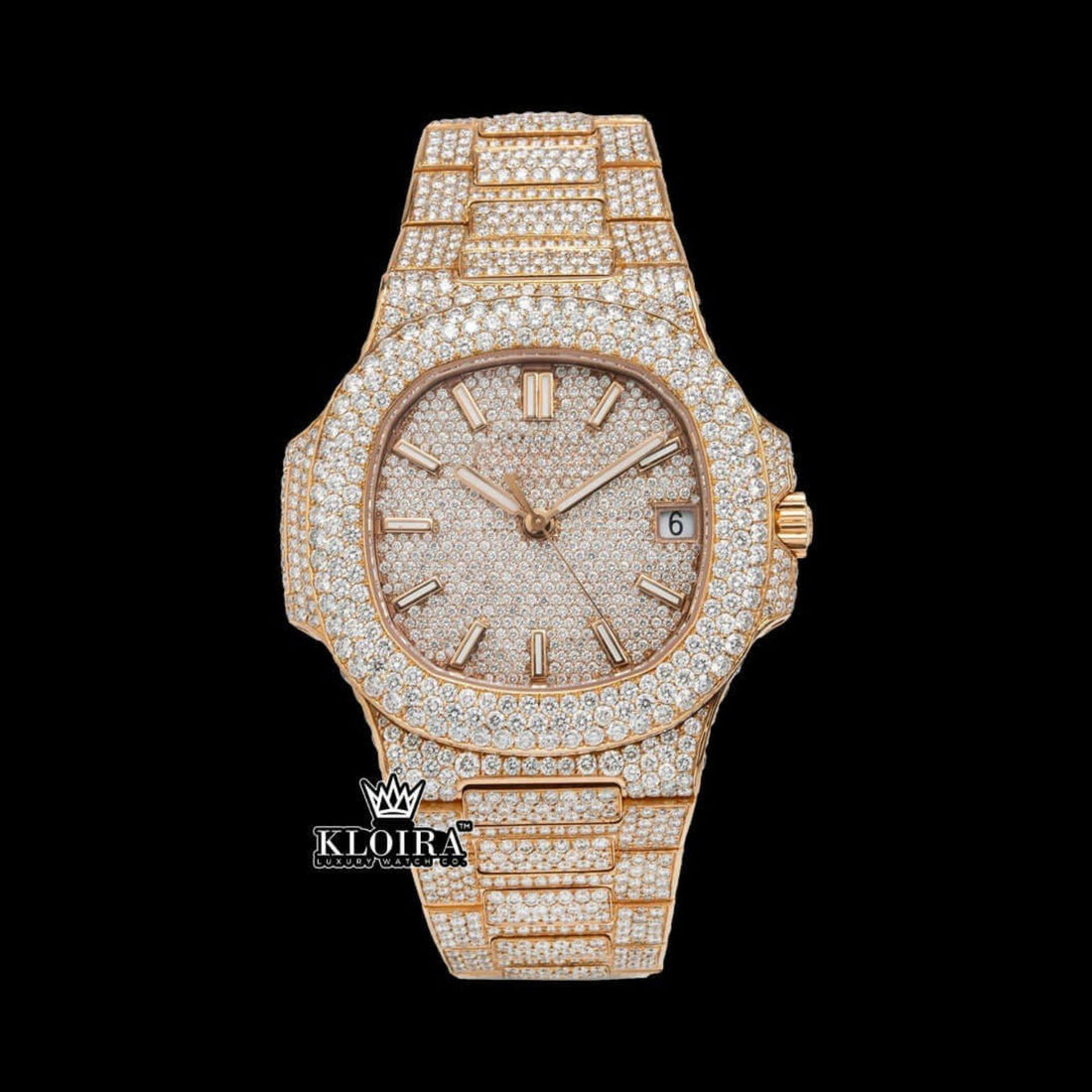 Glide stone Moissanite Diamond Watch 14K Gold VVS 24 Carat 42mm Front View