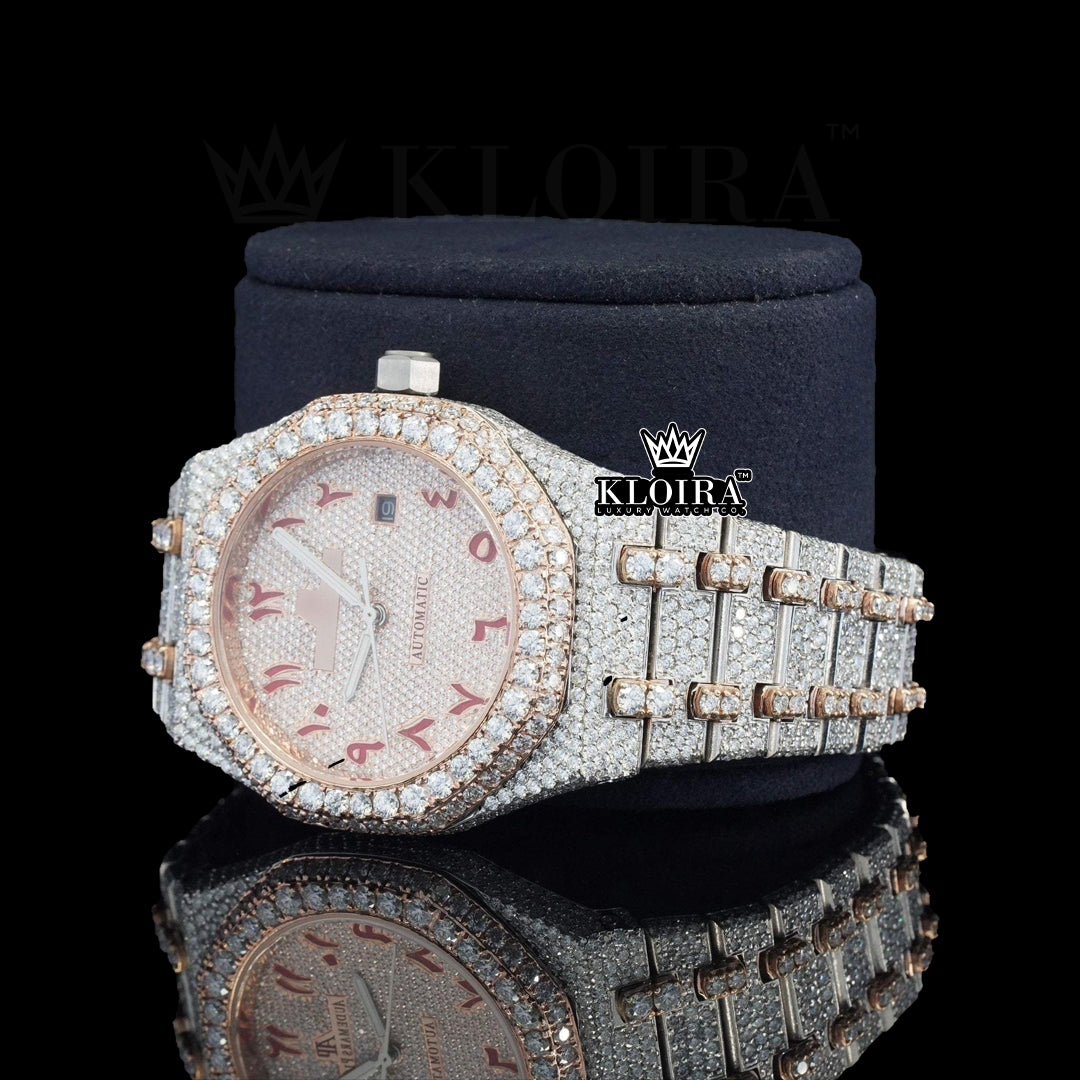 Glimmer Moissanite Diamond Watch Rose 14K Gold VVS 28 Carat 42mm Front 