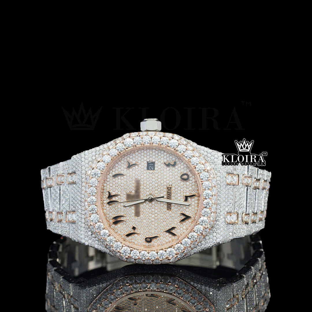 Two tone Arabic dial iced out moissanite diamond watch with 14K gold plating, sparkling and luxurious design.