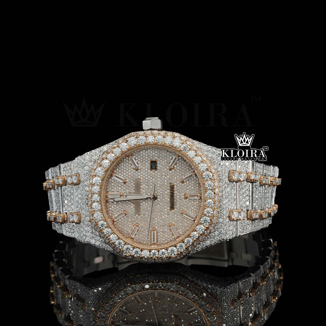 Men's two tone rose gold iced out Moissanite diamond watch with a sparkling silver band and luminous rose dial.