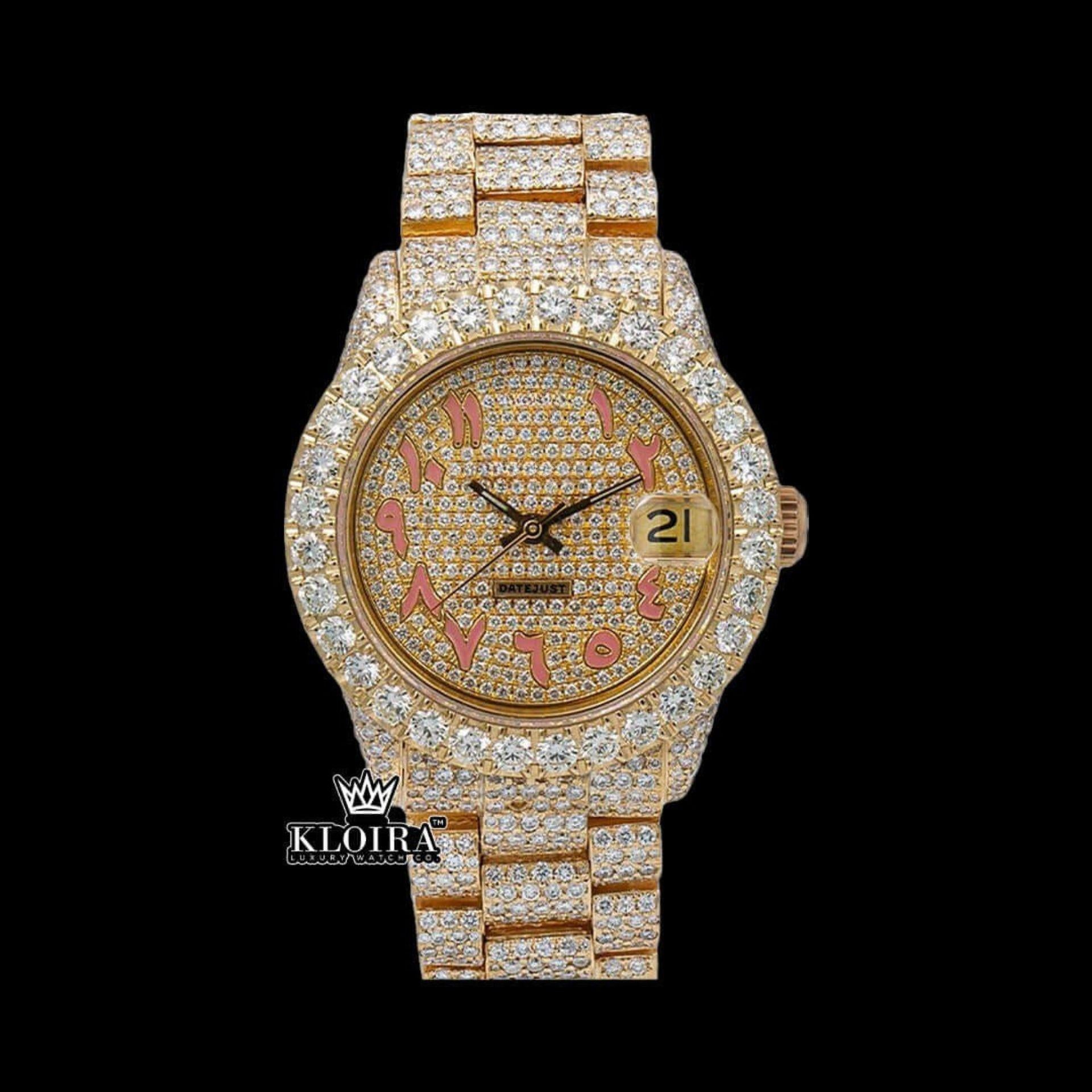 Gold Bust Down Watch Moissanite Arabic Numeral 14K Gold VVS 20 Ct 42mm Front View