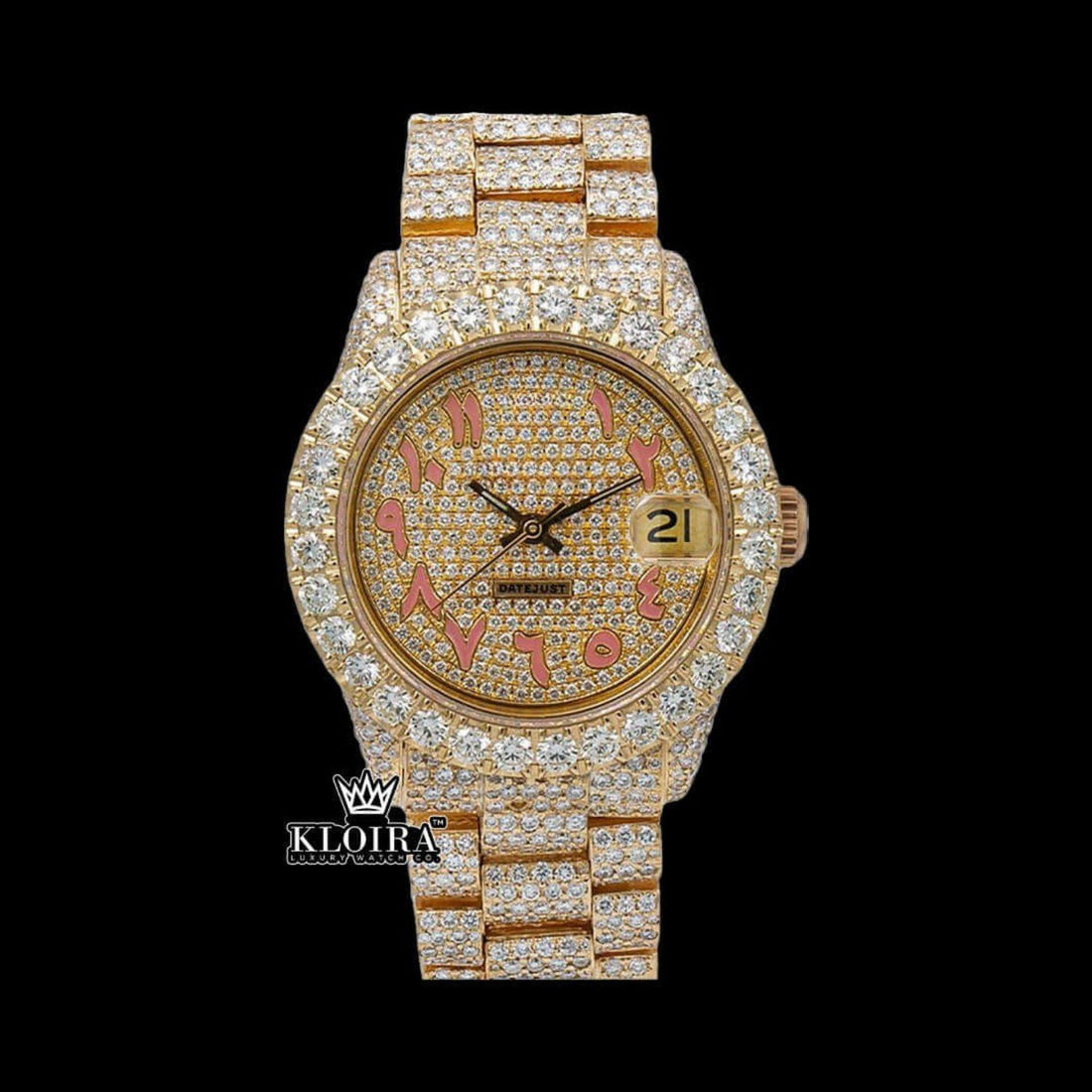 Gold Bust Down Watch Moissanite Arabic Numeral 14K Gold VVS 20 Ct 42mm Front View