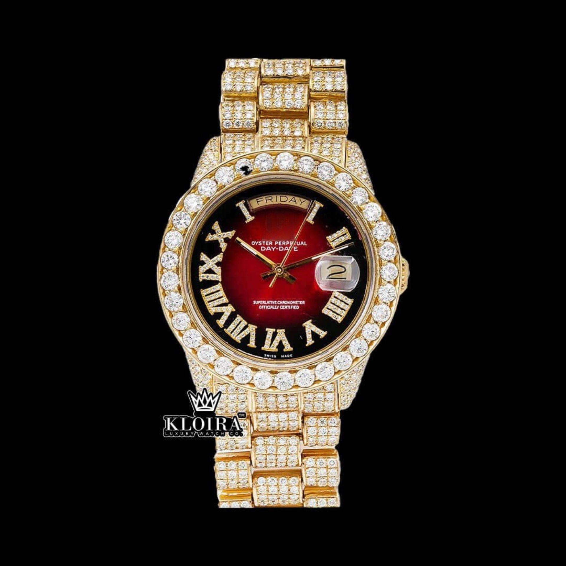 Gold Red Face Watch Moissanite 14K Gold VVS 20 Carat 42mm Front View
