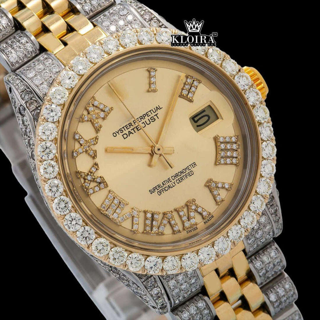 Gold Roman Numerals Yellow Dial Two Tone Moissanite Diamond Watch Front View