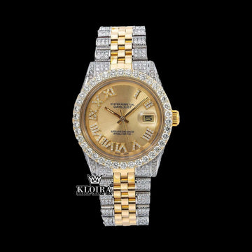Gold Roman Numerals Yellow Dial Two Tone Moissanite Diamond Watch Front View