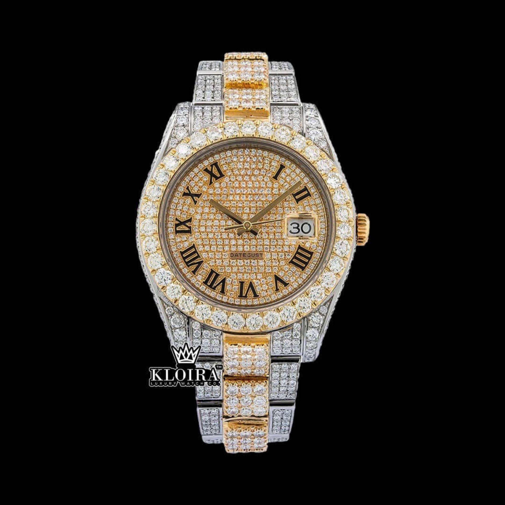 Gold Silver Two Tone Roman Numerals Moissanite Diamond Watch Front View