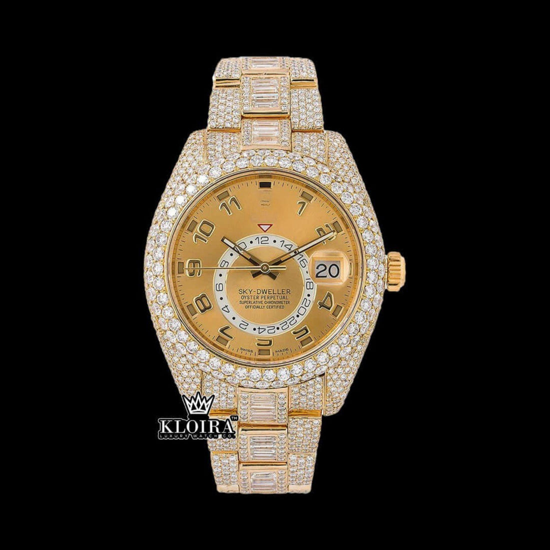 Gold Sky Dweller Inspired Moissanite Diamond Watch 14K Gold VVS 20 Carat 42mm Front View