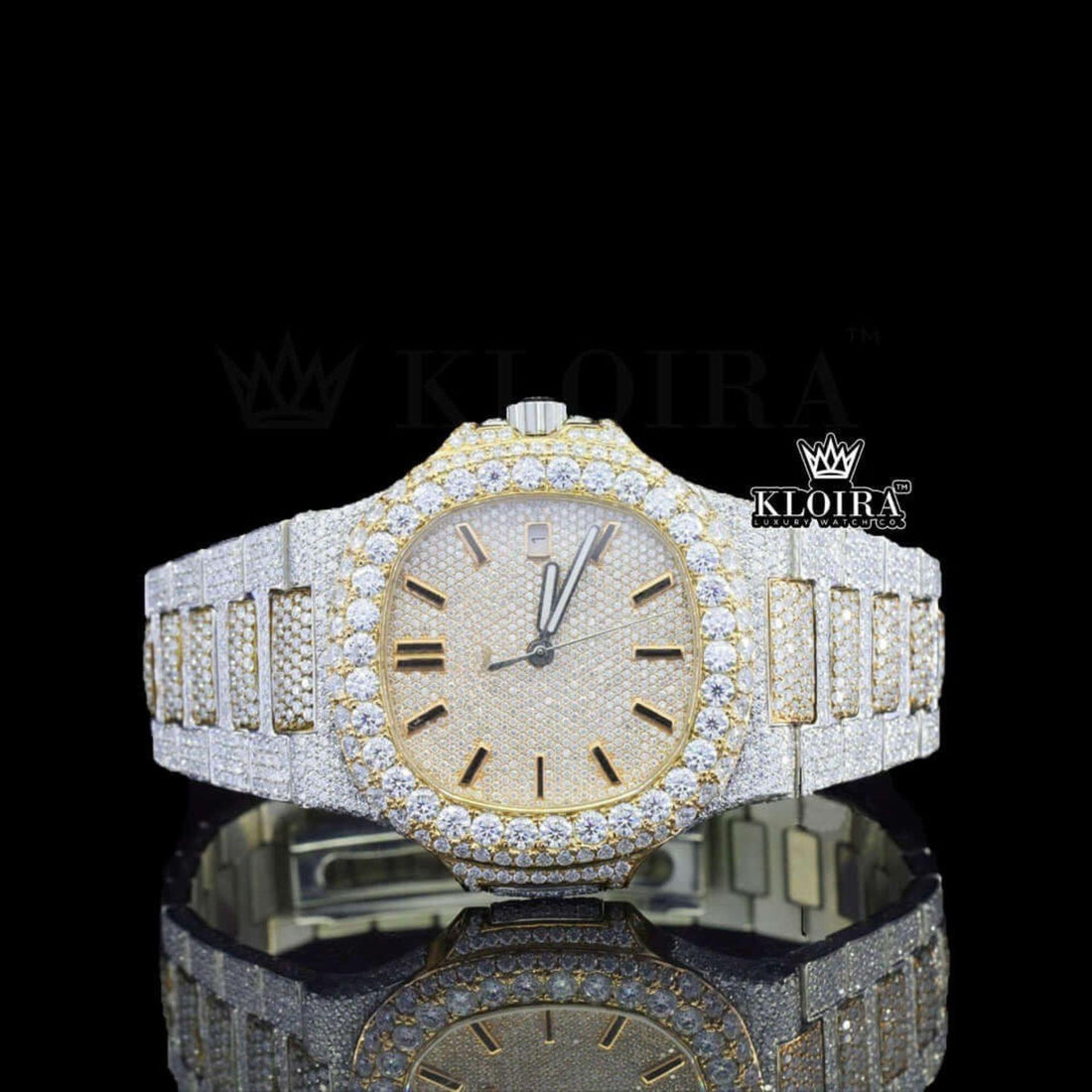 Gold chrono Moissanite Diamond Watch Yellow 14K Gold VVS 26 Carat 42mm Men Front View