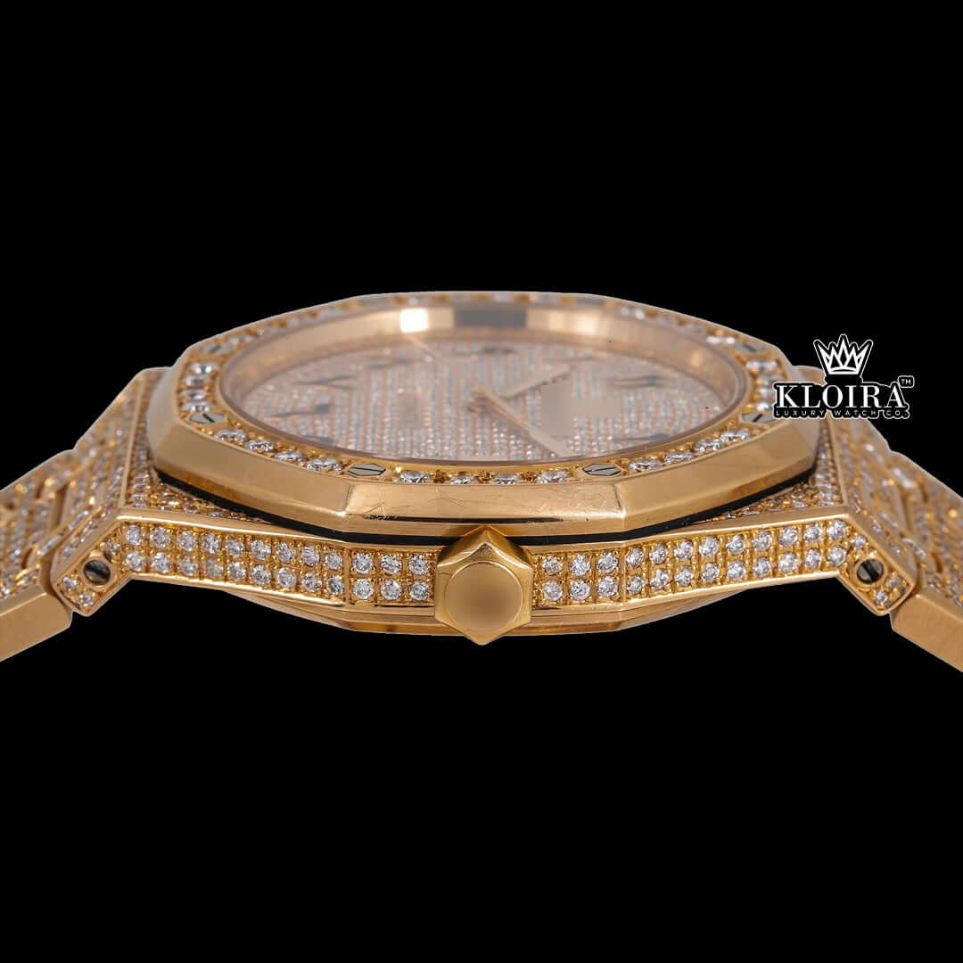 Replica luxury automatic watch with gold Arabic dial and diamond embellishments, featuring a sparkling design and date function.